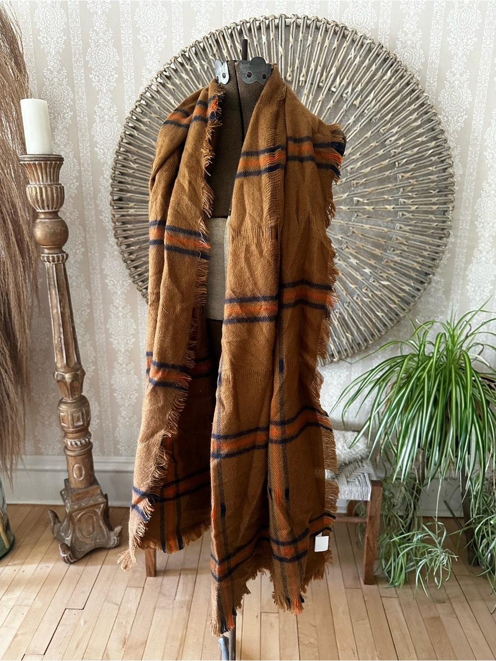 Cozy Brown Plaid Fringe scarf
